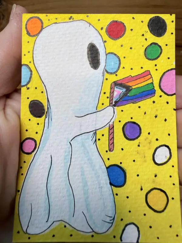 Colorful Cute Whimsical Pride Ghost with Progress Flag aceo art card