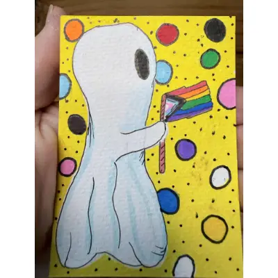 Colorful Cute Whimsical Pride Ghost with Progress Flag aceo art card thumbnail 1