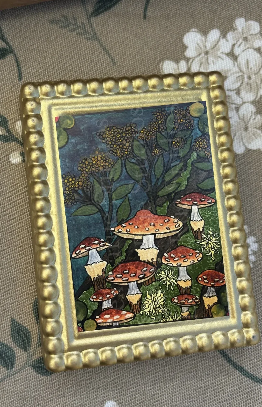 Watercolor Dark Forest Orange Mushrooms Fungi with Moss 2.5x3.5 in. SIGNED PRINT aceo art card