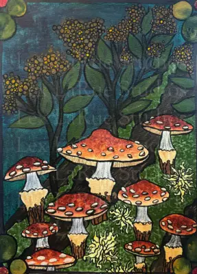 Watercolor Dark Forest Orange Mushrooms Fungi with Moss 2.5x3.5 in. SIGNED PRINT aceo art card thumbnail 2