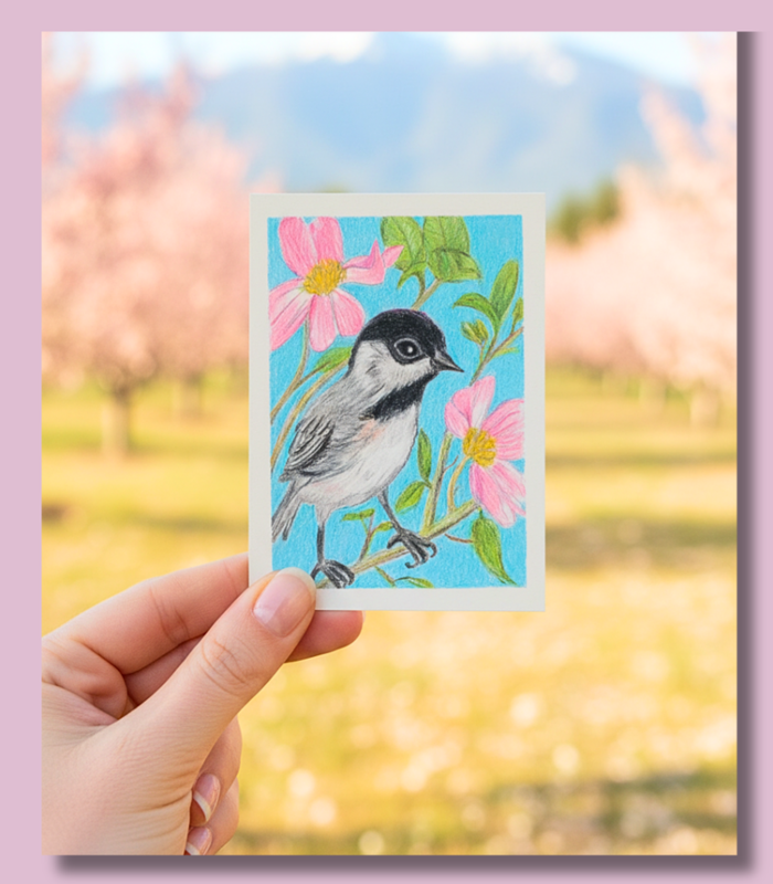 Carolina Chickadee ACEO - Colored Pencil Drawing - Songbird Mini Art aceo art card
