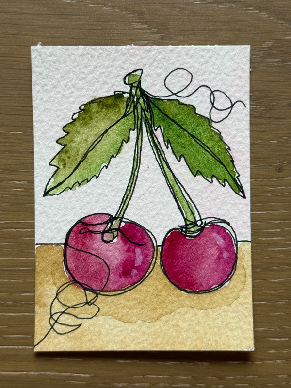 Continuous Line Cherries aceo art card
