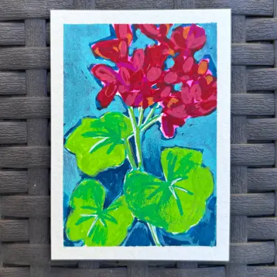 ACEO Original, “Geranium,” Acrylic Paint Markers aceo art card thumbnail 1