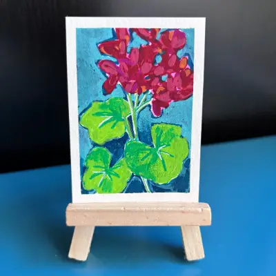 ACEO Original, “Geranium,” Acrylic Paint Markers aceo art card thumbnail 2
