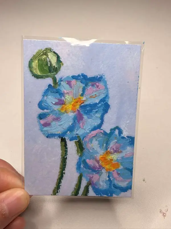 ACEO ORIGINAL, Abstract Oil Pastel Flowers, 08/09, Poppies, New Signed Mini Art aceo art card