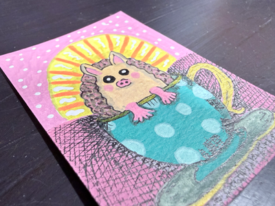 ACEO Whimsical Original Art - Hedgehog in tea cup Elizabeth Durant Art aceo art card thumbnail 2