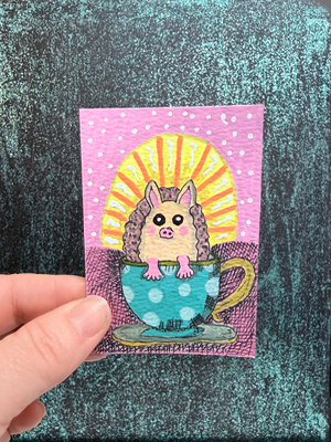 ACEO Whimsical Original Art - Hedgehog in tea cup Elizabeth Durant Art aceo art card thumbnail 1