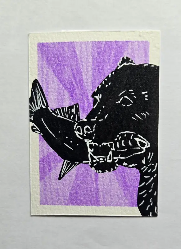 Silhouette Animals (1 of 3) Bear with Fish aceo art card