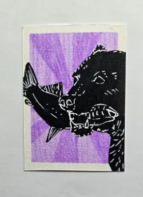 Silhouette Animals (1 of 3) Bear with Fish aceo art card thumbnail 1