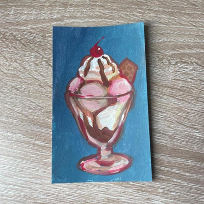Ice Cream Sundae on Blue Background ACEO Painting aceo art card thumbnail 2