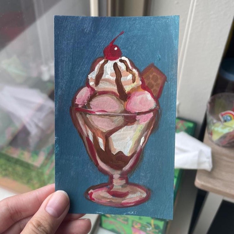 Ice Cream Sundae on Blue Background ACEO Painting aceo art card
