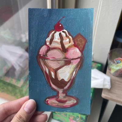 Ice Cream Sundae on Blue Background ACEO Painting aceo art card thumbnail 1