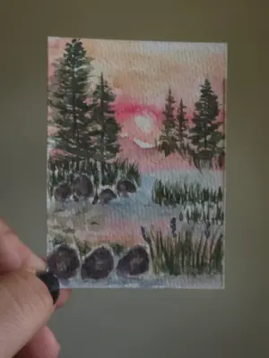 Sunset Pines watercolor impressionism aceo art card thumbnail 2