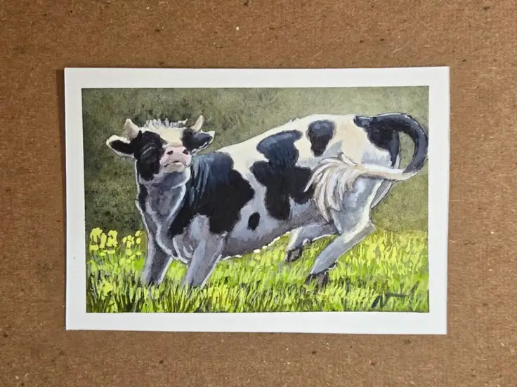 ACEO Original painting - whimsical realism, Cow, Steer, Cattle, Summertime - naturebynikki aceo art card