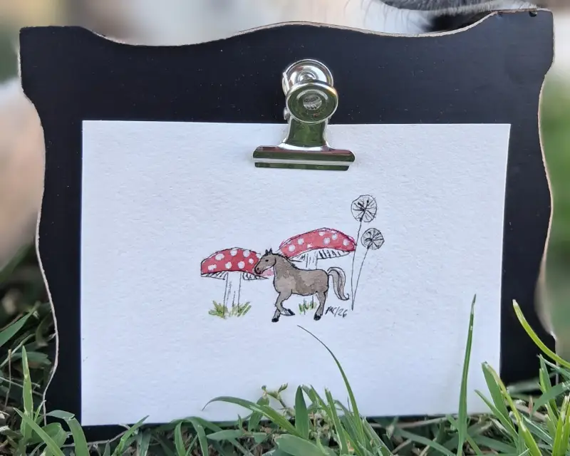 Tiny Horse w/ Mushrooms aceo art card