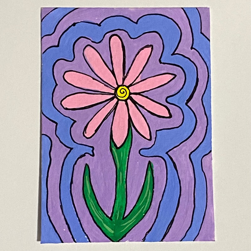 ACEO Original Mixed Media Gouache Painting Flower ATC - "Pink Spiral Daisy" aceo art card