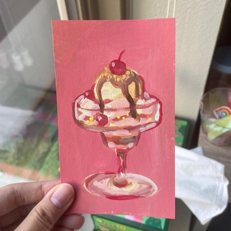 Cherry Ice Cream Sundae on Pink Background ACEO Painting aceo art card