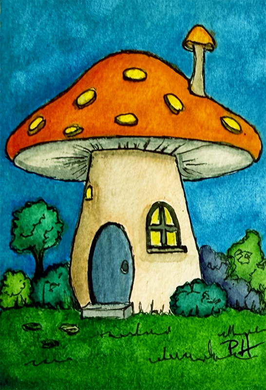 Watercolor Enchanted Mushroom House-Autumn Glow Cottage Art by PHarp Watercolors aceo art card