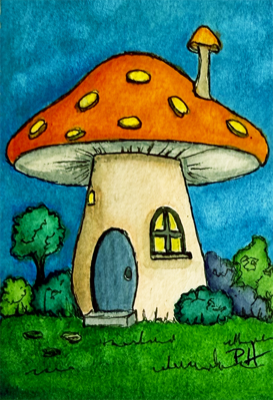 Watercolor Enchanted Mushroom House-Autumn Glow Cottage Art by PHarp Watercolors aceo art card thumbnail 1