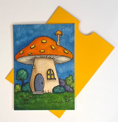 Watercolor Enchanted Mushroom House-Autumn Glow Cottage Art by PHarp Watercolors aceo art card thumbnail 2