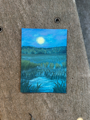 Night scene Landscape, marsh, water, lake, moon aceo art card thumbnail 2
