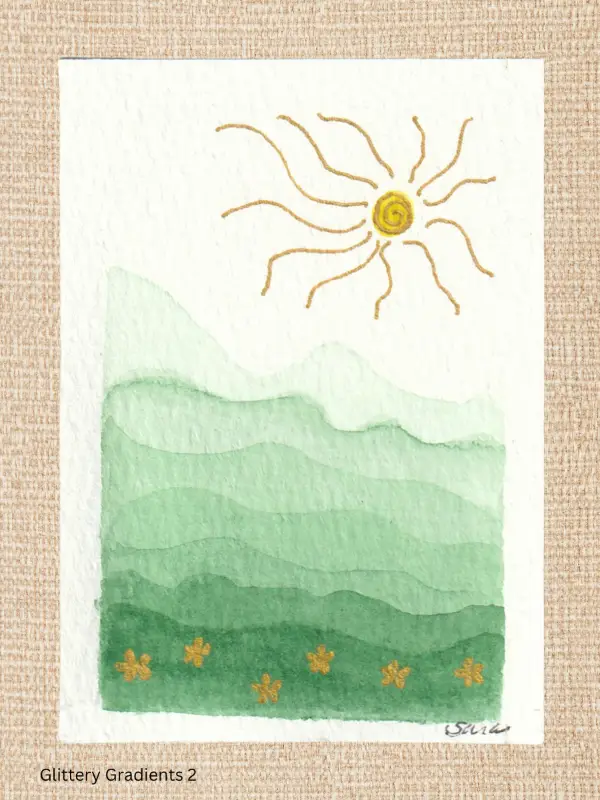 Glittery Green Mountain Landscape - Glittery Gradient Series aceo art card