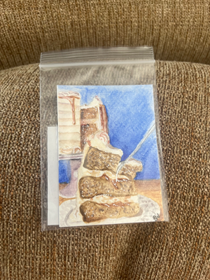 ACEO Original Watercolour Painting "Caramel Banana Cake" by Ebony Jasmin Warren aceo art card thumbnail 2