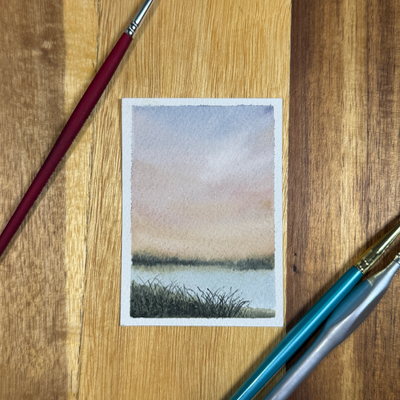 ACEO Watercolor, Landscape, Original, Marsh, “Marsh Sunrise”, 3.5x2.5in, By Lark Watercolor and Art aceo art card thumbnail 2