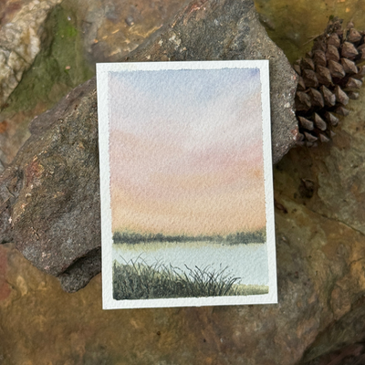 ACEO Watercolor, Landscape, Original, Marsh, “Marsh Sunrise”, 3.5x2.5in, By Lark Watercolor and Art aceo art card thumbnail 5