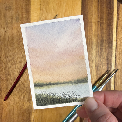 ACEO Watercolor, Landscape, Original, Marsh, “Marsh Sunrise”, 3.5x2.5in, By Lark Watercolor and Art aceo art card thumbnail 3