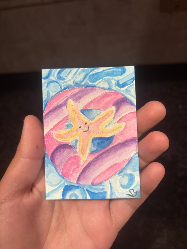 Starfish on a Pool Float aceo art card