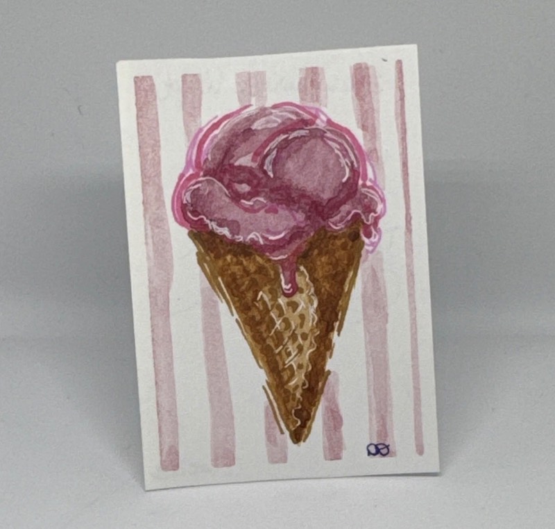 Strawberry icecream cone aceo art card