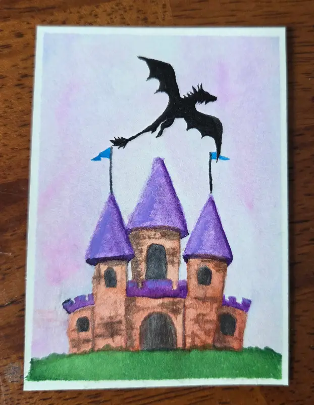 Dragon flying over Castle Watercolor Painting ACEO aceo art card