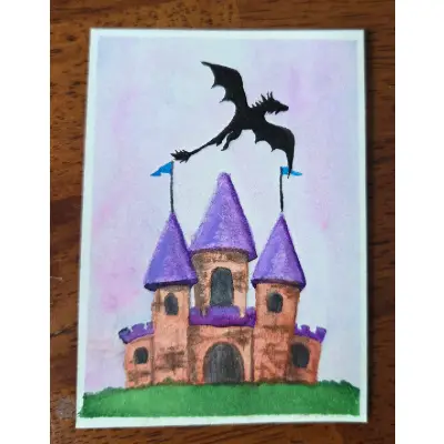 Dragon flying over Castle Watercolor Painting ACEO aceo art card thumbnail 1
