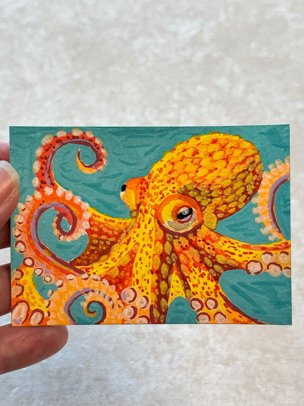 Swimming octopus aceo art card