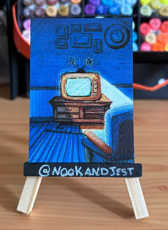 Retro TV - alcohol markers and ink pens on bristol paper aceo art card