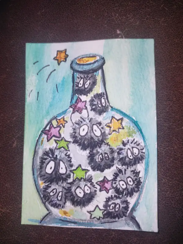 ACEO Original Artwork "Jar of Soot" Studio Ghibli, Soot Gremlins, Cute, Anime, Watercolors aceo art card
