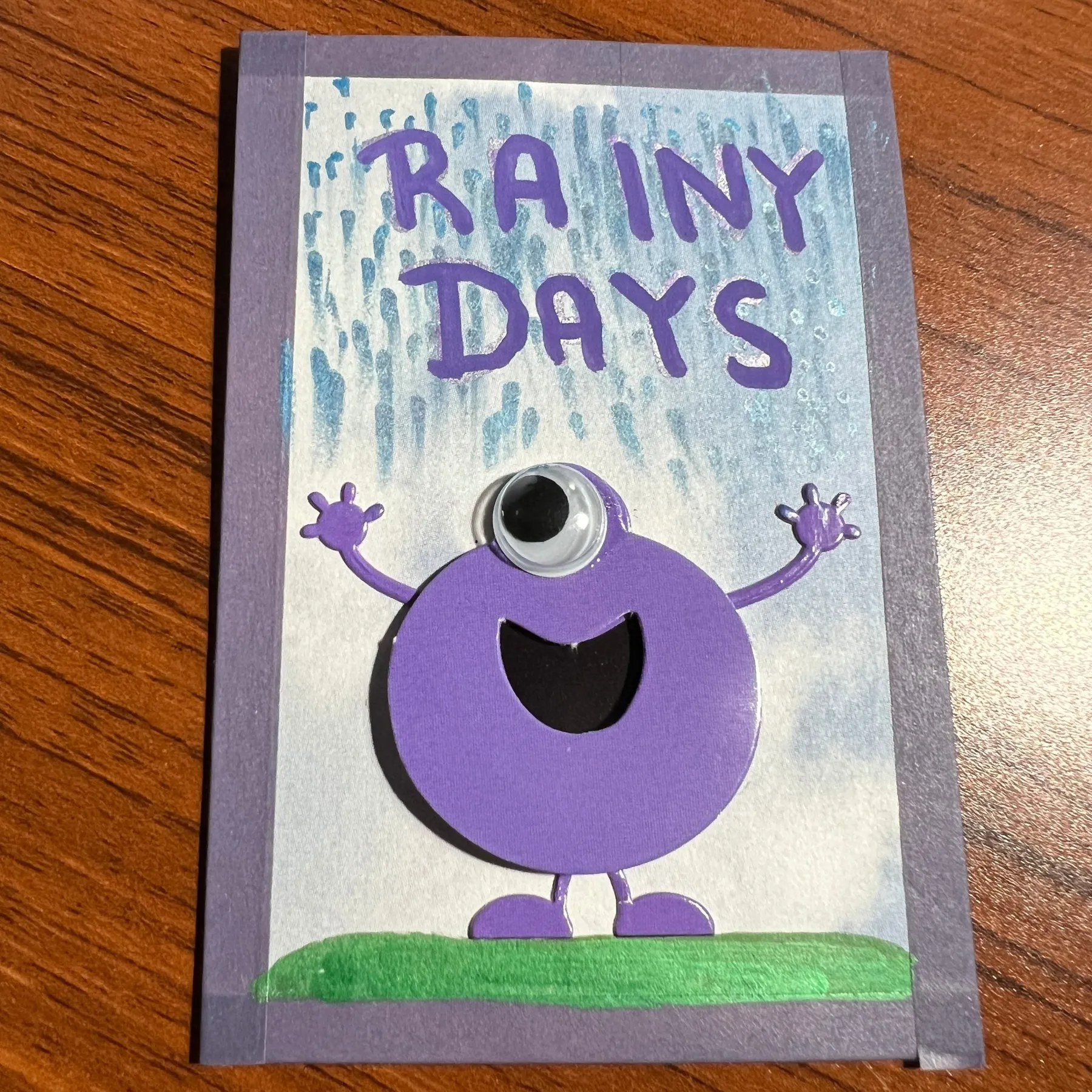 Rainy Days Monster Cheer Mixed Media Artwork ACEO Original Mini Art Card with Texture aceo art card