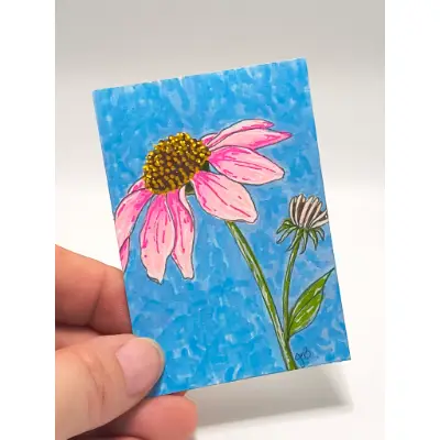 Pink Coneflower blu aceo art card thumbnail 2