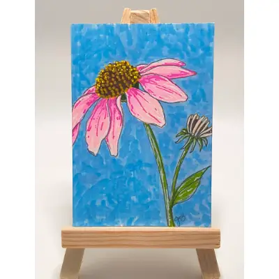 Pink Coneflower blu aceo art card thumbnail 1
