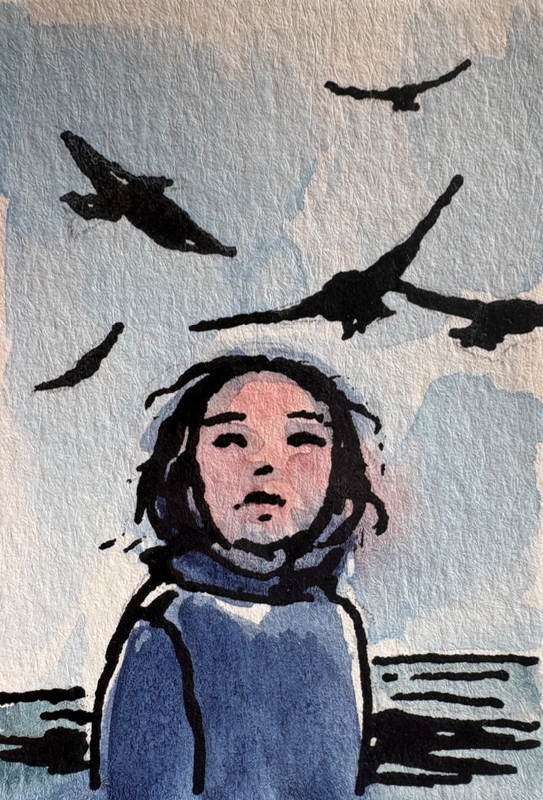 Girl and seagulls aceo art card