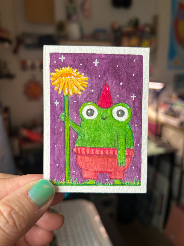 Frog with dandelion aceo art card