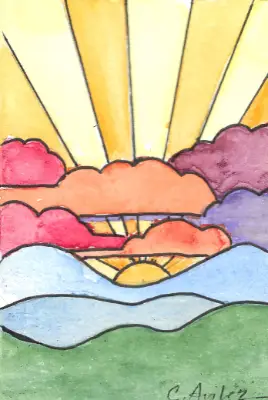 ACEO Original Watercolor and Ink Colorful Sunrise aceo art card thumbnail 2