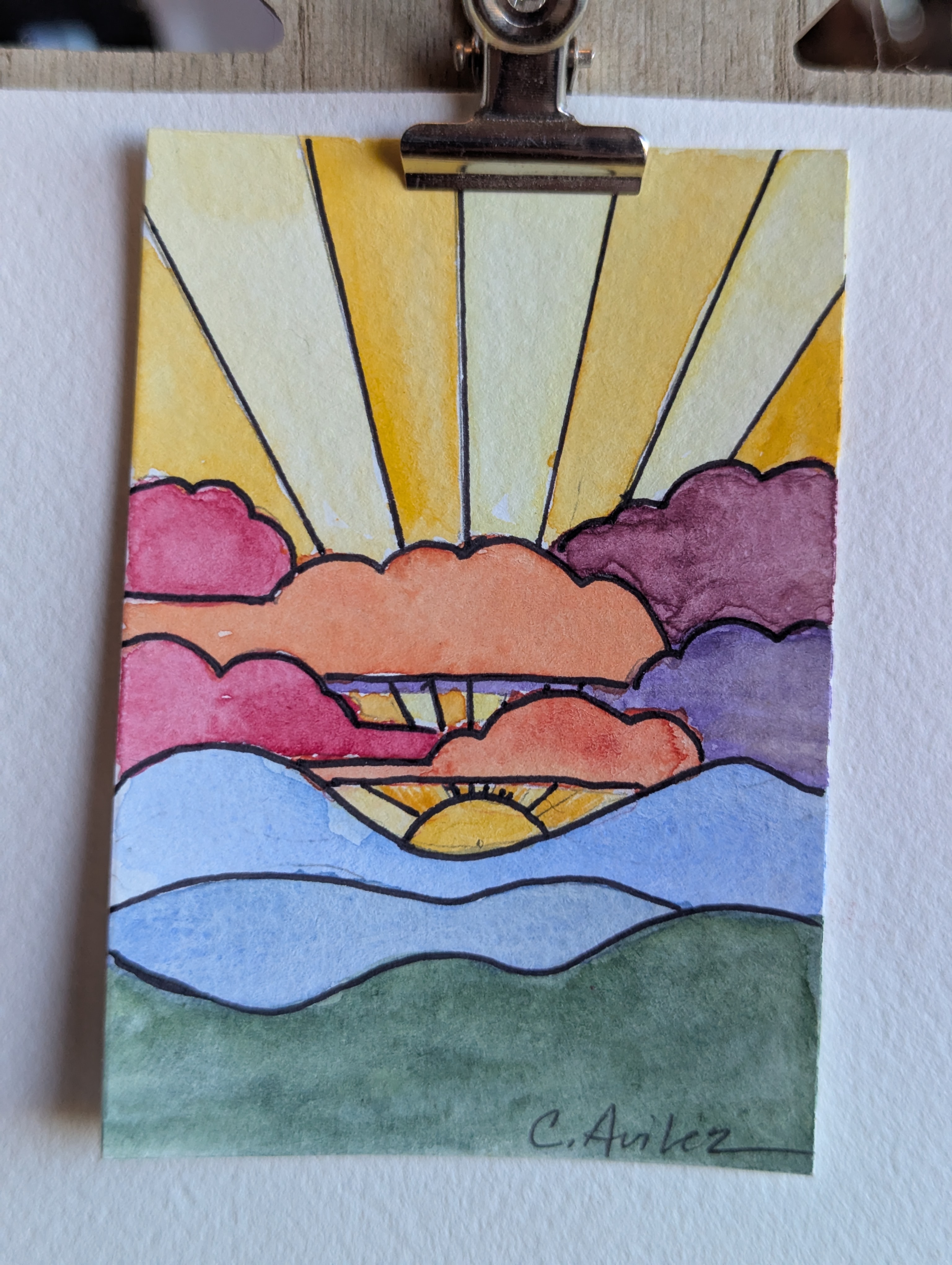 ACEO Original Watercolor and Ink Colorful Sunrise aceo art card thumbnail 1