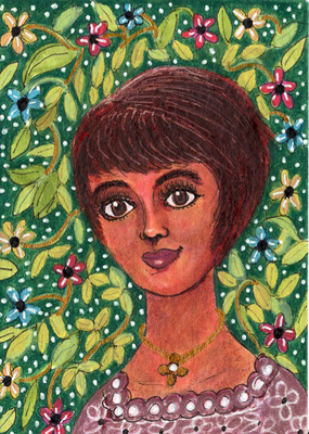 Girl with Pixie Haircut Folk Art ACEO - Colored Pencil, Ink, Acrylic on Bristol Board aceo art card thumbnail 2