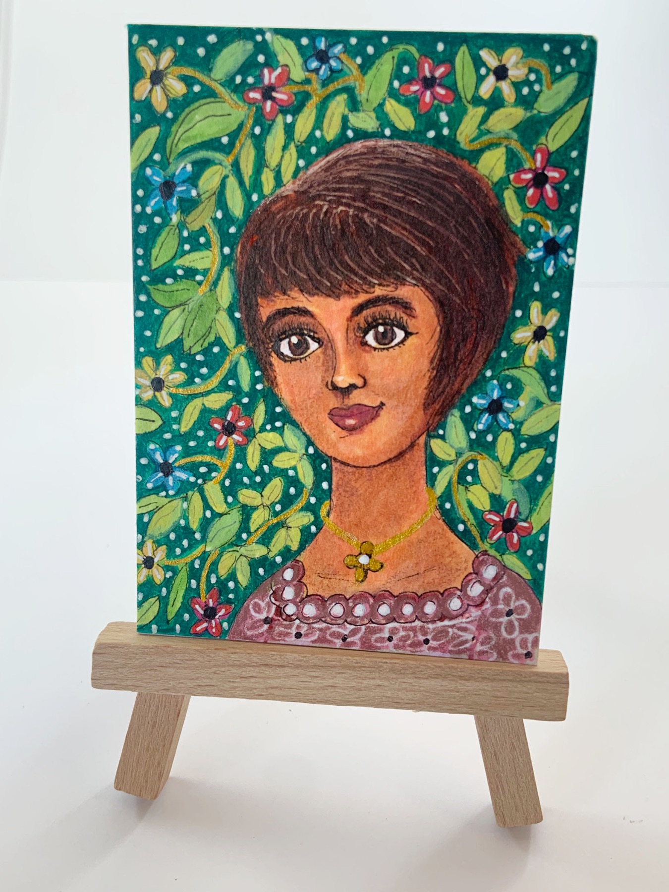 Girl with Pixie Haircut Folk Art ACEO - Colored Pencil, Ink, Acrylic on Bristol Board aceo art card