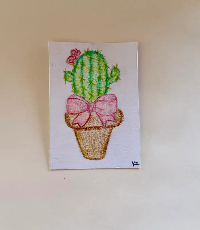 Bow Cactus ACEO Original – Colored Pencil Mini Art – Cute Kawaii Plant Illustration – OOAK Artist Tr aceo art card