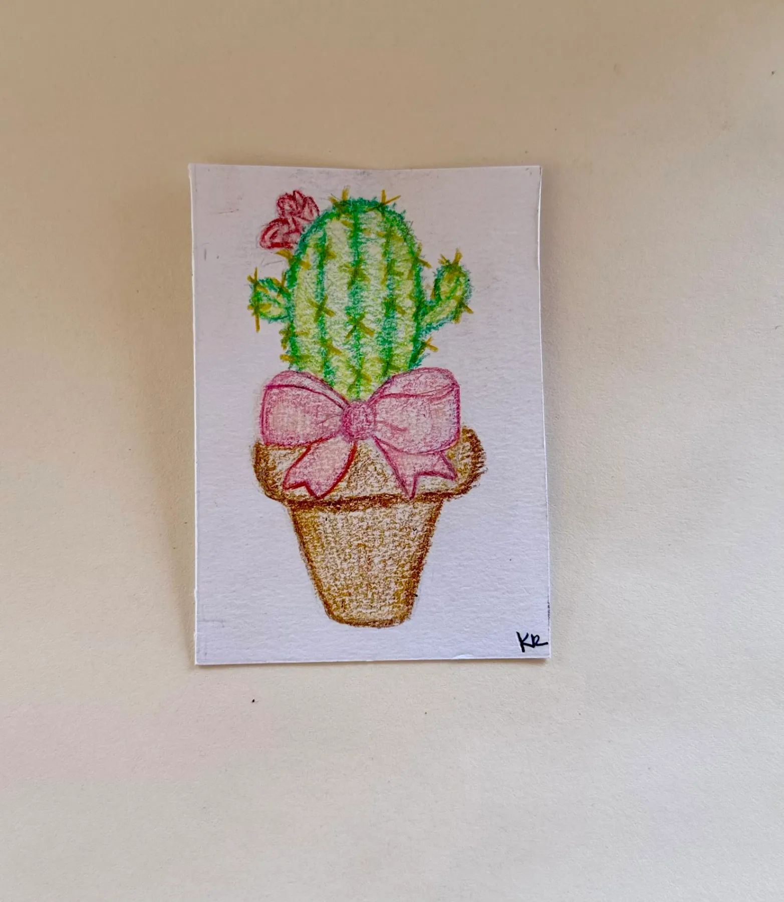 Bow Cactus ACEO Original – Colored Pencil Mini Art – Cute Kawaii Plant Illustration – OOAK Artist Tr aceo art card