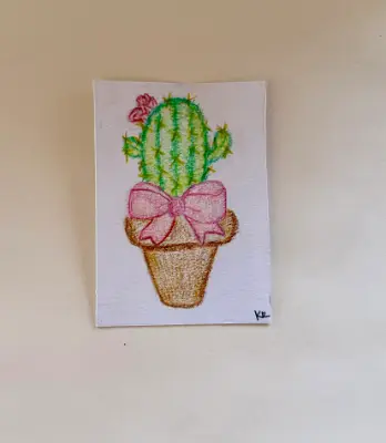 Bow Cactus ACEO Original – Colored Pencil Mini Art – Cute Kawaii Plant Illustration – OOAK Artist Tr aceo art card thumbnail 1