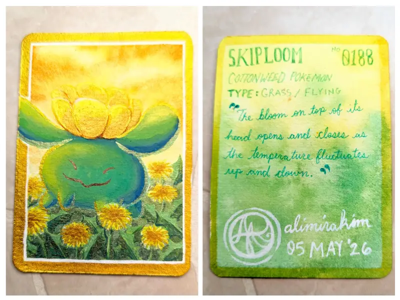 Pokemon: Skiploom - OOAK Watercolor, Gouache & Sparkling Iridescent Metallic Paints aceo art card
